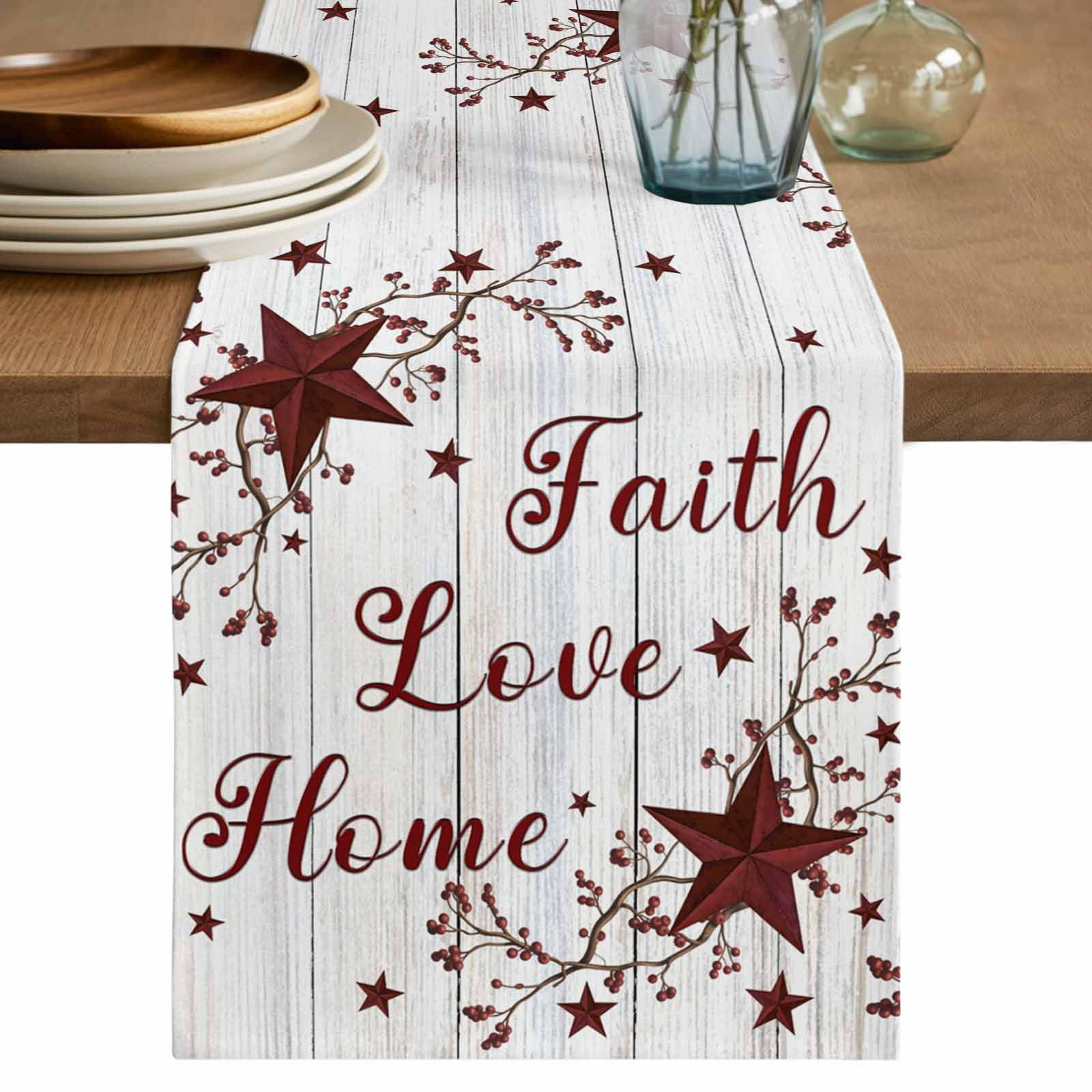 Retro Red Country Stars Table Runner, Faith Love Home Berries White Wood Striped Cotton Linen Kitchen Table Decoration Washable Dining Tabletop Runners for Home Party Decor 18x72 Inches