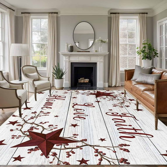 Retro Red Country Stars Washable Area Rug 8 x 10 ft Faith Love Home Berries White Wood Striped, Soft Non Slip Rugs Stain Repellent Indoor Felt Carpet for Living Dining Room Bedroom Home Office