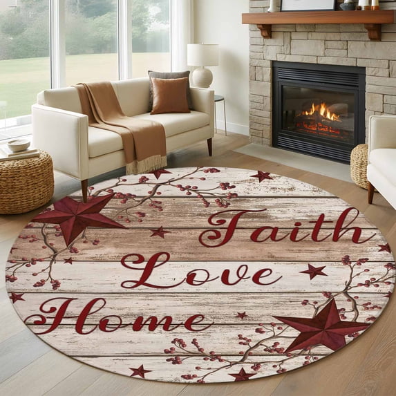 Retro Red Country Stars Washable Round Area Rug 8 ft, Faith Love Home Berries Vintage Wood Grain, Soft Non Slip Rugs Stain Repellent Indoor Felt Carpet for Living Dining Room Bedroom Home Office