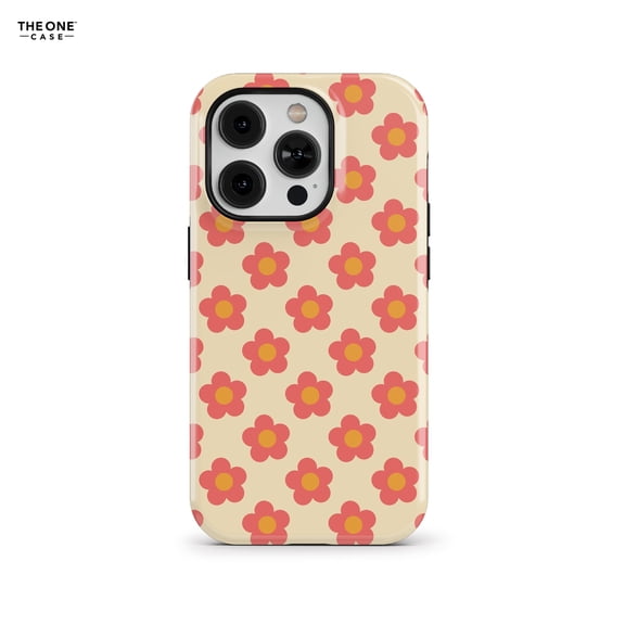 Retro Red Daisy Tough Phone Case for iPhone - 70s Floral Dual-Layer Protective Cover, Cream & Coral Vintage Design