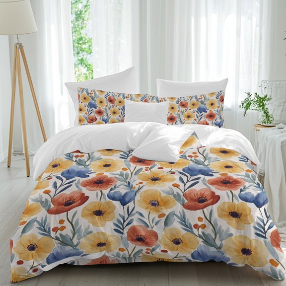 Retro Red Duvet Cover Set King Size, Blue Yellow Poppy Floral Watercolor Plants Pastoral 4 Piece Soft Microfiber Bedding Set with 1 Duvet Cover, 1 Flat Sheet, 2 Pillowcases