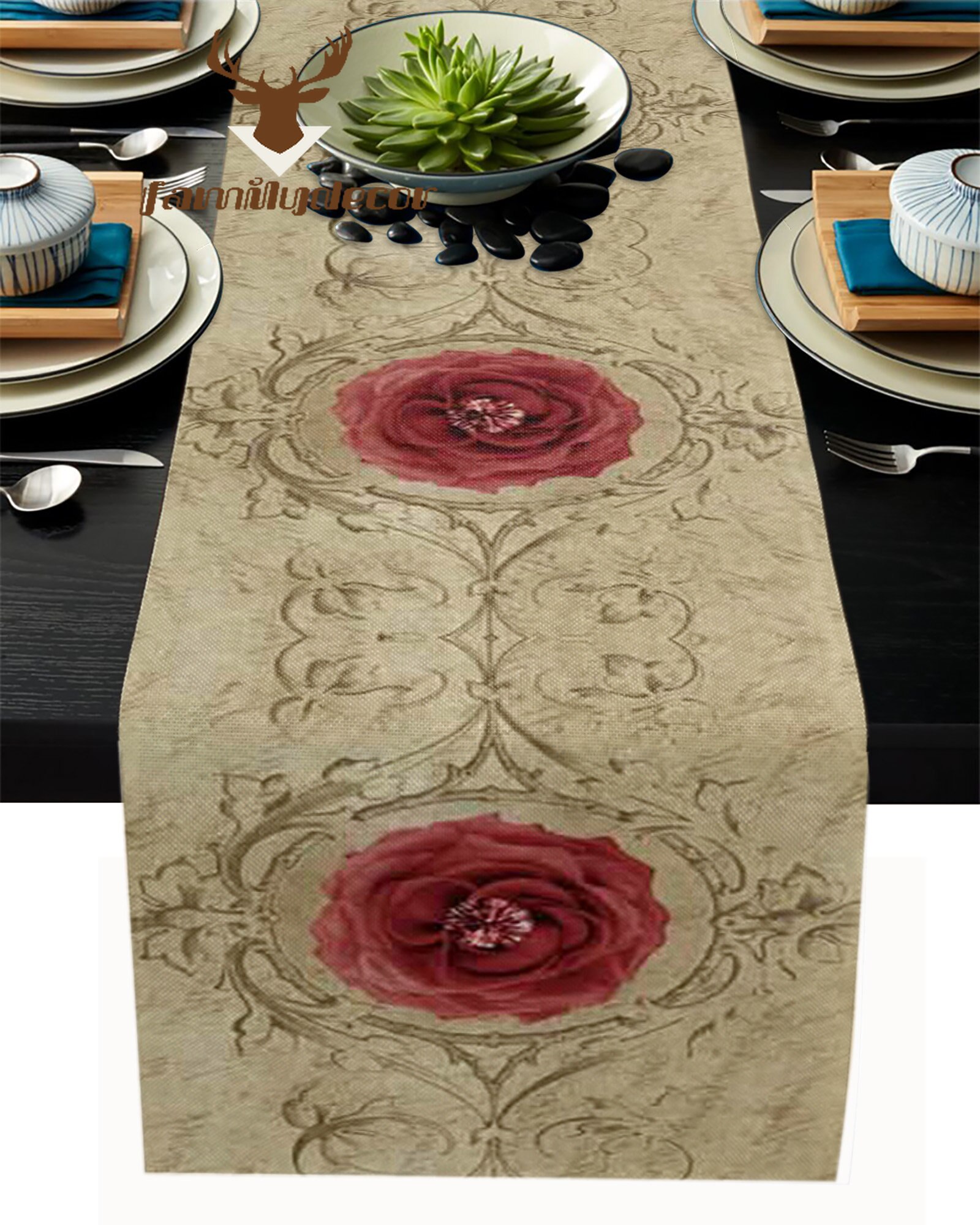 Retro Red Flower Gem Table Runner Home Wedding Decor Table Flag Mat