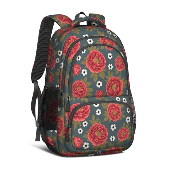 Retro Red Flower Pattern Backpack Multiple Pockets Travel Laptop Daypack School Book Bag for Women Men