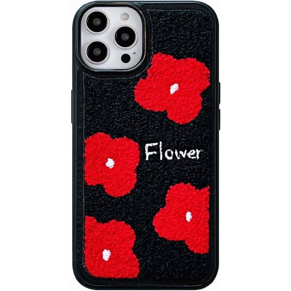 Retro Red Flower Phone Case Compatible with iPhone 15 Pro Max Cute Fuzzy Soft Carpet Funny Phone Cases Non-Slip Full Body Shockproof Cover for iPhone 15 Pro Max 6.7inch(Red Wildflower)