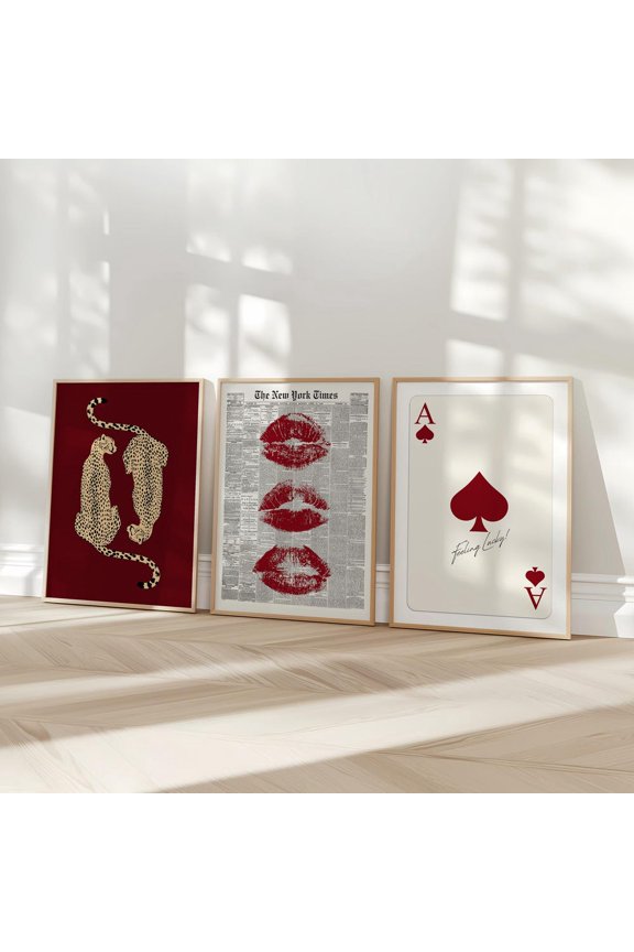 Retro Red Leopard Y2K Fashion Wall Poster Set 3 Stretched Canvas 16x24