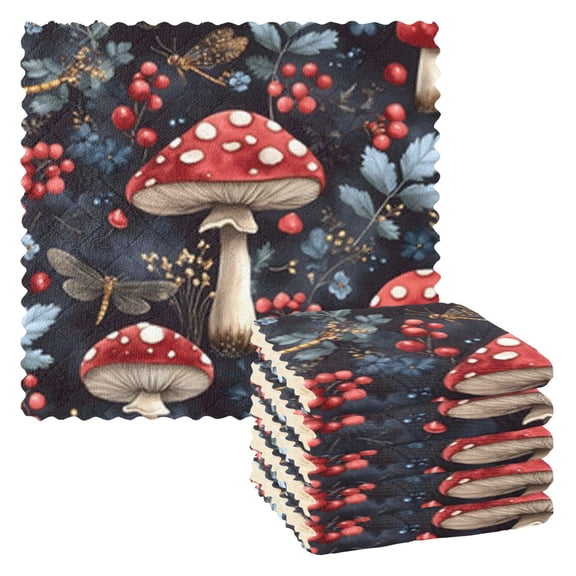 Retro Red Mushroom Kitchen Cloth Dish Towels for Drying Washing Absorbent Dish Rags Reusable soft kitchen dishcloth set 6 Pack