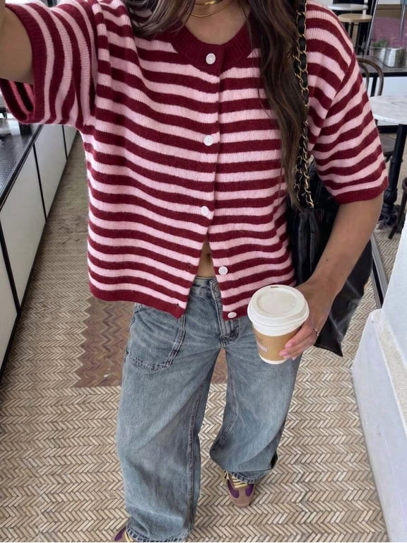 Retro Red + Pink Womens Retro Red And Pink Striped Short Sleeve Cardigan