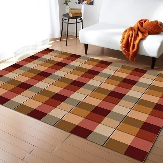 Retro Red Plaid Brown Tartan Area Rug, Rustic Farmhouse Beige Plaid Home Decor Rug, Easy Clean Carpet With Anti-Slip Backing Durable For Bedroom Living Room Dining Room 4 x 6ft