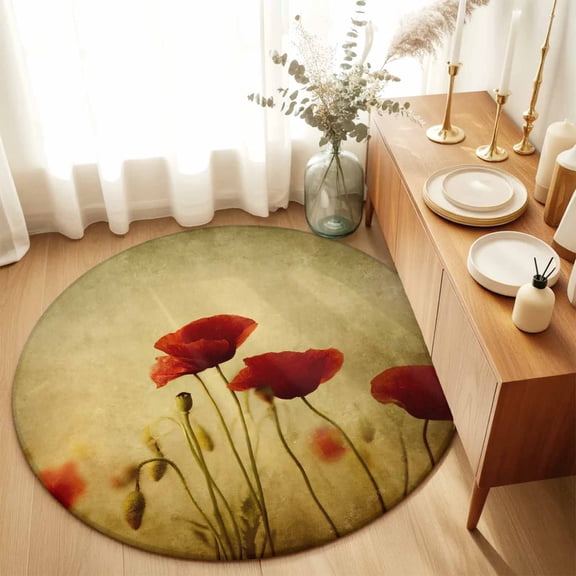 Retro Red Poppy Flowers Round Area Rug 3ft,Living Room Rug Non-Slip Washable Circle Rugs Pad,Floral on Vintage Back Soft Floor Carpet for Bedroom Dining Room