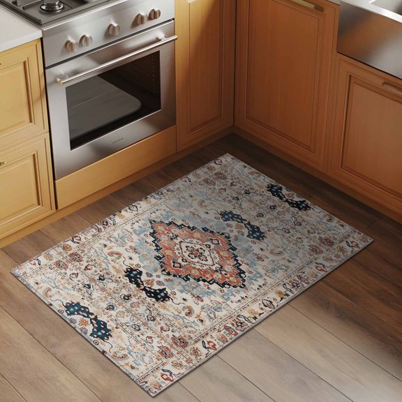 Retro Red Square 2x3 Rug for Entryway Front Door Kitchen Sink Area, Brown Blue Vintage National Style Low Pile Washable Non Slip Rectangle Area Rug