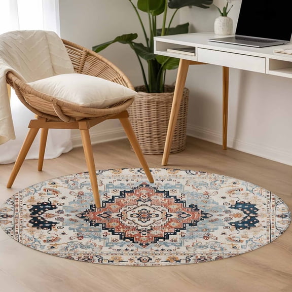 Retro Red Square 3.3ft Round Rug for Bedroom Reading Corner, Brown Blue Vintage National Style Washable Non Slip Circle Area Rug
