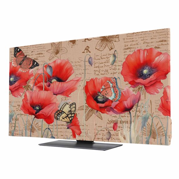 Retro Red TV Dust Cover 24 Inch, Poppy Plant Flower Butterfly Pattern Computer Monitor Cover Dustproof Stretchable Indoor TV Screen Protector for LED LCD Universal Monitors