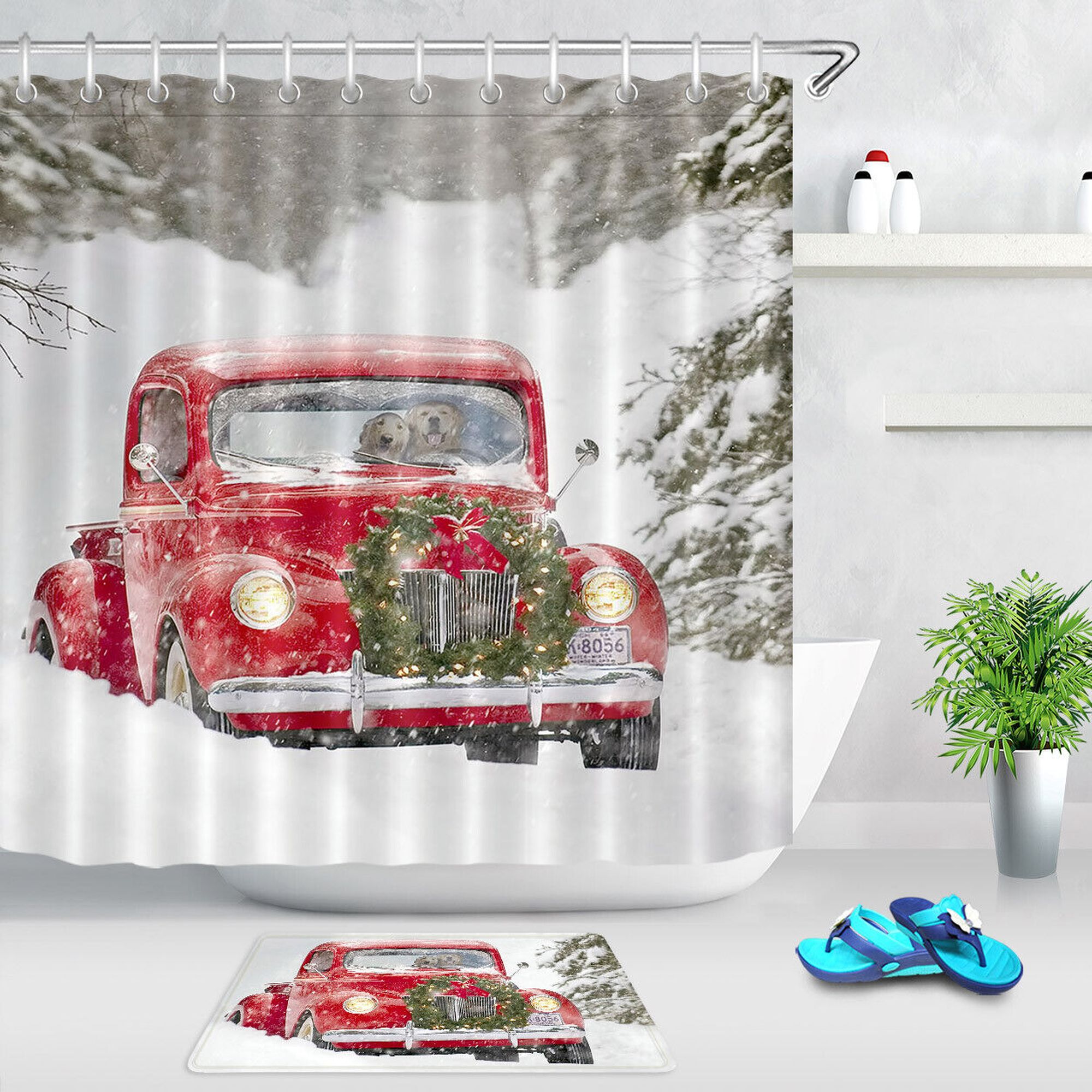 Retro Red Truck Shower Curtain Set Festive Christmas Wreath