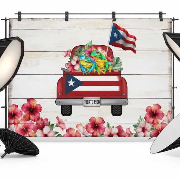 Retro Red Trucks Backdrop for Photography, Puerto Rican Flag Algiers Frogs Wood Grain Photo Backdrop Portrait Background Party Banner Photo Backgrounds for Studio Booth Props, 7x5ft