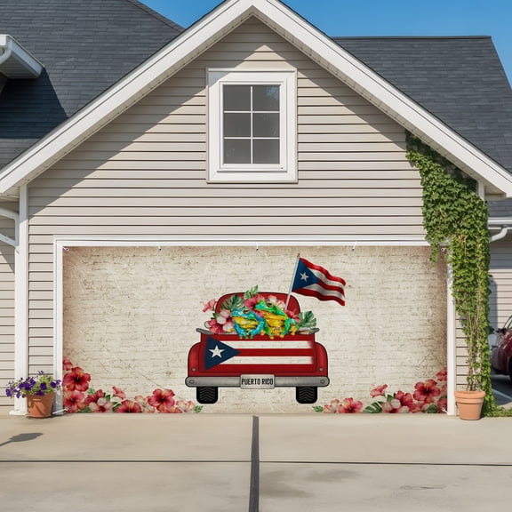 Retro Red Trucks Garage Door Banner Covers, Puerto Rican Flag Algiers Frogs Brown Letter Large Hanging Indoor/Outdoor Backdrop Background for Christmas Winter Party Decor, 6x13ft