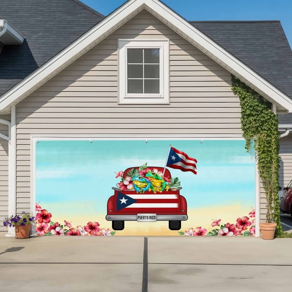Retro Red Trucks Garage Door Banner Covers, Puerto Rican Flag Algiers Frogs Teal Beige Large Hanging Indoor/Outdoor Backdrop Background for Christmas Winter Party Decor, 6.9x8ft