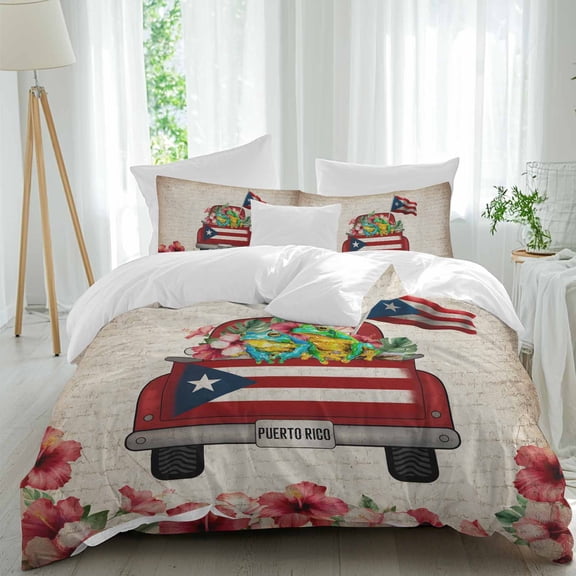 Retro Red Trucks Queen Size Comforter Set, Puerto Rican Flag Algiers Frogs Brown Letter Bedding for All Seasons, 4 Pcs Bed Set, 1Quiltcover (90"x92") ,1Sheet(94"x116"), 2Pillowcases (30"x20")