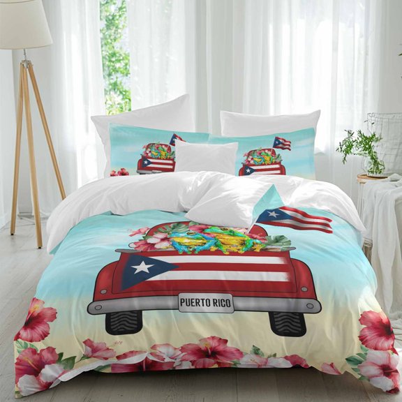 Retro Red Trucks Twin Size Comforter Set, Puerto Rican Flag Algiers Frogs Teal Beige Bedding for All Seasons, 4 Pcs Bed Set, 1 Quiltcover (68"x86") ,1Sheet(67"x116"), 2Pillowcases (30"x20")