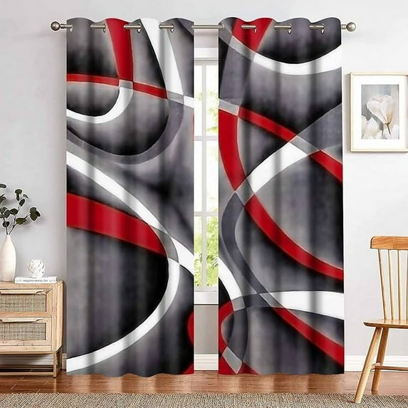 Retro Red White Striped Gray Blackout Curtains Inspiration Geometric Art Print Window Drapes Room Darkening Bedroom Living Room Dining Room Window Treatments 42"W x 63"L (Pack of 2)