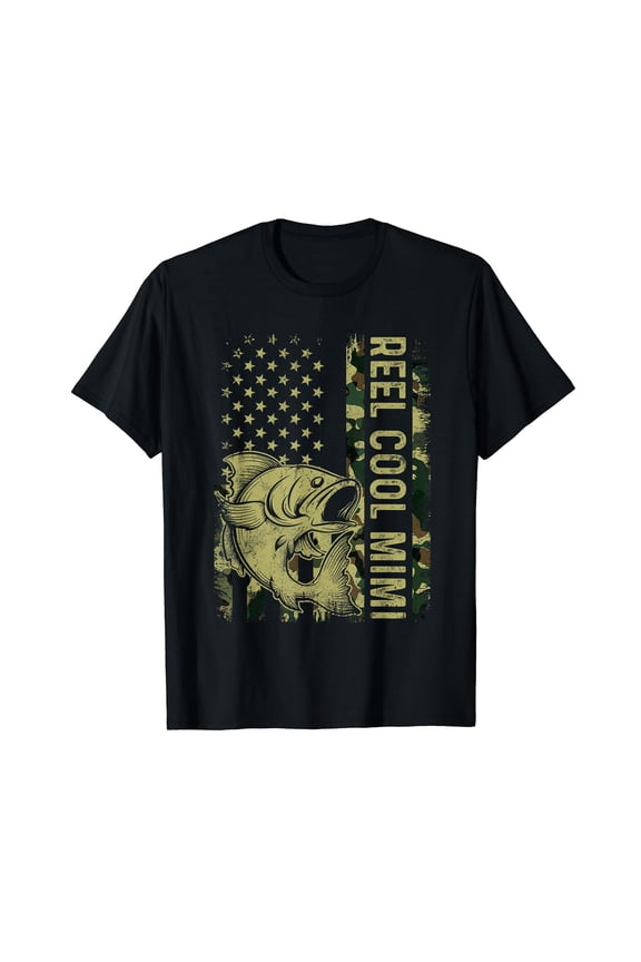 Retro Reel Cool Mimi Camo American Flag Fishing Lover Black Crew Neck T-Shirt