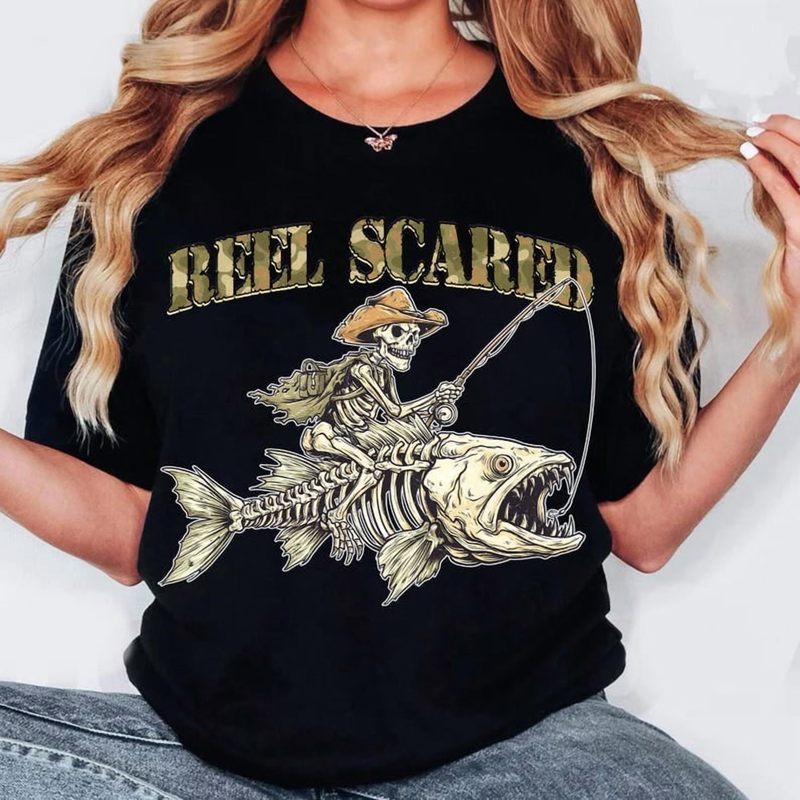 Retro Reel Scared Halloween Fishing Png, Halloween Skeleton Fisherman ...