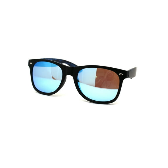 Retro Reflective Color Mirror Wood Grain Hipster Horn Rim Sunglasses Black Blue Wood Blue Mirror