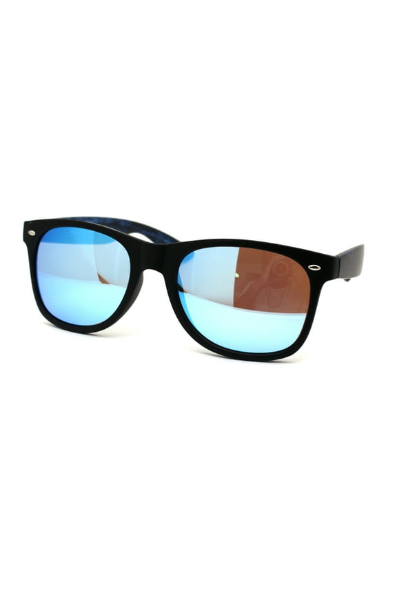 Retro Reflective Color Mirror Wood Grain Hipster Horn Rim Sunglasses Black Blue Wood Blue Mirror