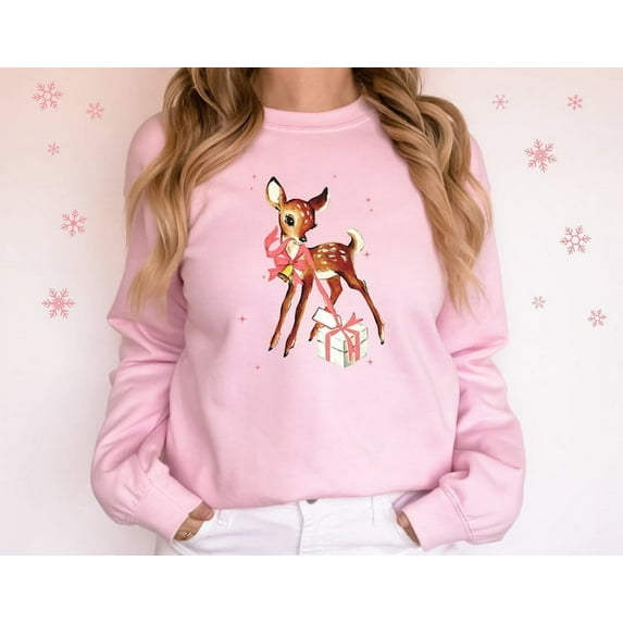 Retro Reindeer Pink Christmas Sweatshirt Gift for Her Vintage Reindeer Christmas Sweater Baby Deer Sweatshirt Retro Christmas Party Shirt
