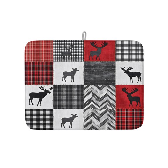 Retro Reindeer Silhouette Dish Drying Mats for Kitchen Counter,Absorbent Microfiber Dish Drainer Rack Mat Buffalo Wood Plank Stitching Art Drying Pad for Sinks,Utensils,Countertops,18x24in