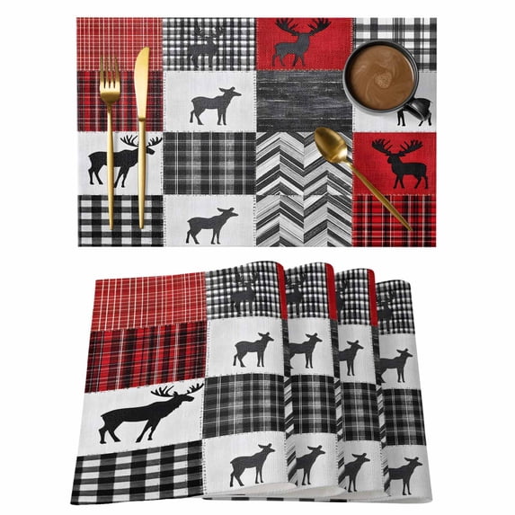 Retro Reindeer Silhouette Placemats Set of 6,Wipeable Washable Table Mats for Dining Tables, Buffalo Wood Plank Stitching Art Place Mats for Kitchen Event Party Tabletop Decor