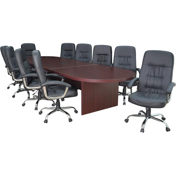 Retro Relaxation Modular Racetrack Conference Table with Power Data Grommet in Mahogany Comfortable Seating and Wire Management