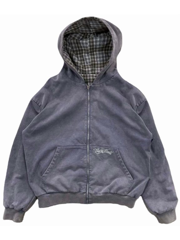 Retro Reversible Zipper Sweatshirt With Plaid Lining And Loose High Street Hoodie 2XL,Grey-1