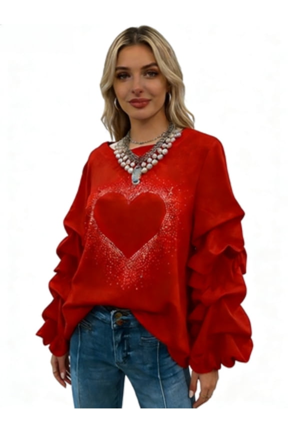Women's Red Heart Rhinestone Top – Ruched Long Sleeve Loose Fit Casual Top for Valentine's Day & Everyday Wear