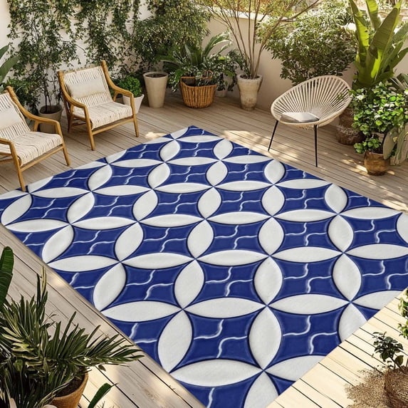 Retro Rhombus Outdoor Rug for Patio/Deck/Porch, Non-Slip Large Area Rug 6 x 9 Ft, Morocco Abstract Geometric Art Navy Blue Indoor Outdoor Rugs Washable Area Rugs, Reversible Camping Rug Carpet Runner