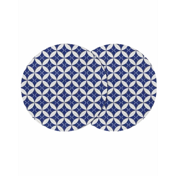 Retro Rhombus Round 13 Inch Placemats Set of 2, Morocco Abstract Geometric Art Navy Blue HeatResistant Non Slip Place Mats for Dining Table, Wipeable Braided Kitchen Table Mats for Housewarming