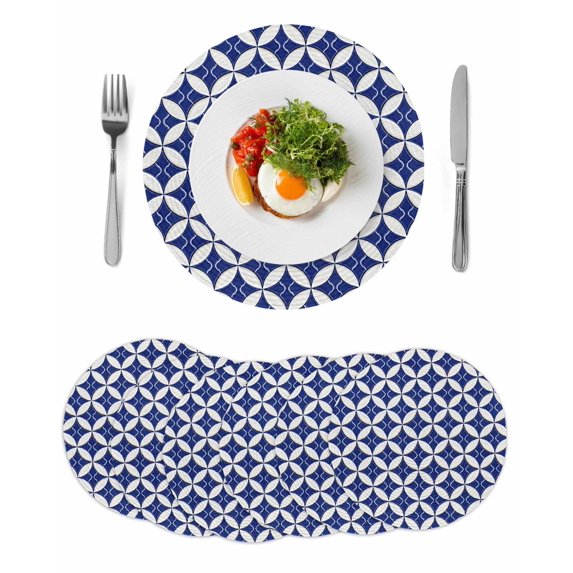 Retro Rhombus Round 13 Inch Placemats Set of 6, Morocco Abstract Geometric Art Navy Blue HeatResistant Non Slip Place Mats for Dining Table, Wipeable Braided Kitchen Table Mats for Housewarming