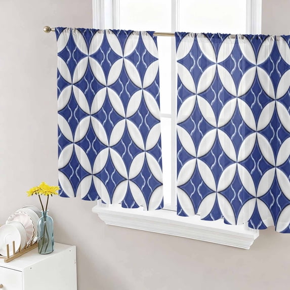 Retro Rhombus Sheer Curtains 54 Inch Length 2 Panels Set Window Treatments, Morocco Abstract Geometric Art Navy Blue Rod Pocket Semi Curtains for Living Room/Bedroom/Kitchen Décor, 104"W x 54"L