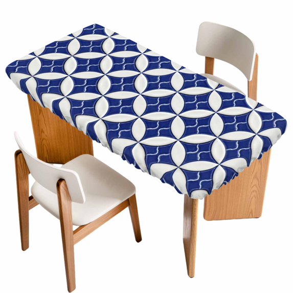 Retro Rhombus Table Cloths for 5 Foot Rectangle Tables, Morocco Abstract Geometric Art Navy Blue Patio Waterproof Elastic Fitted Tablecloths, Washable Rectangular Table Cover for Camping
