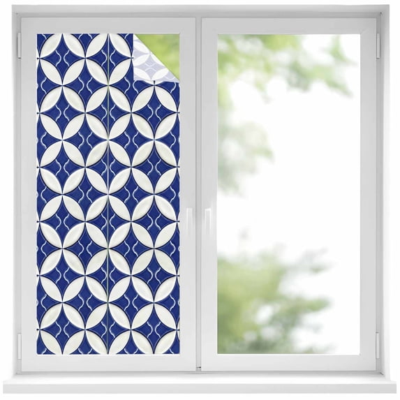 Retro Rhombus Window Privacy Film, Morocco Abstract Geometric Art Navy Blue Static Cling UV Sun Blocking Heat Control Window Tint Day and Night, Non-Adhesive One Way Privacy Cover 19.6''x39.3''