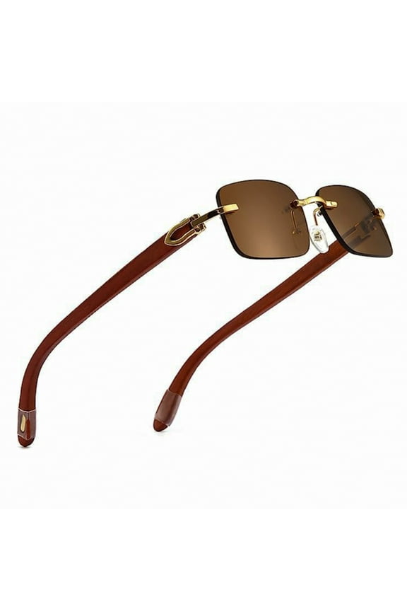 Retro Rimless Brown Tint Gold Frame Hip Hop Buffs Sunglasses Rectangle Men Women Frameless 90s Shades Woodgrain Arm Frameless Square Unisex Summer Sun Glasses