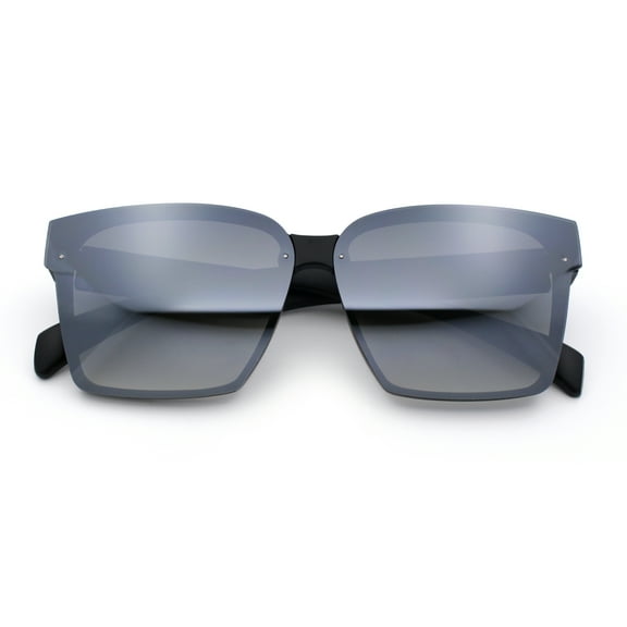 Retro Rimless Horn Rim Plastic Rectangular Classy Fashion Sunglasses Matte Black - Silver Mirror