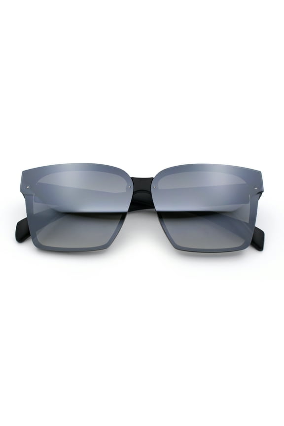 Retro Rimless Horn Rim Plastic Rectangular Classy Fashion Sunglasses Matte Black - Silver Mirror