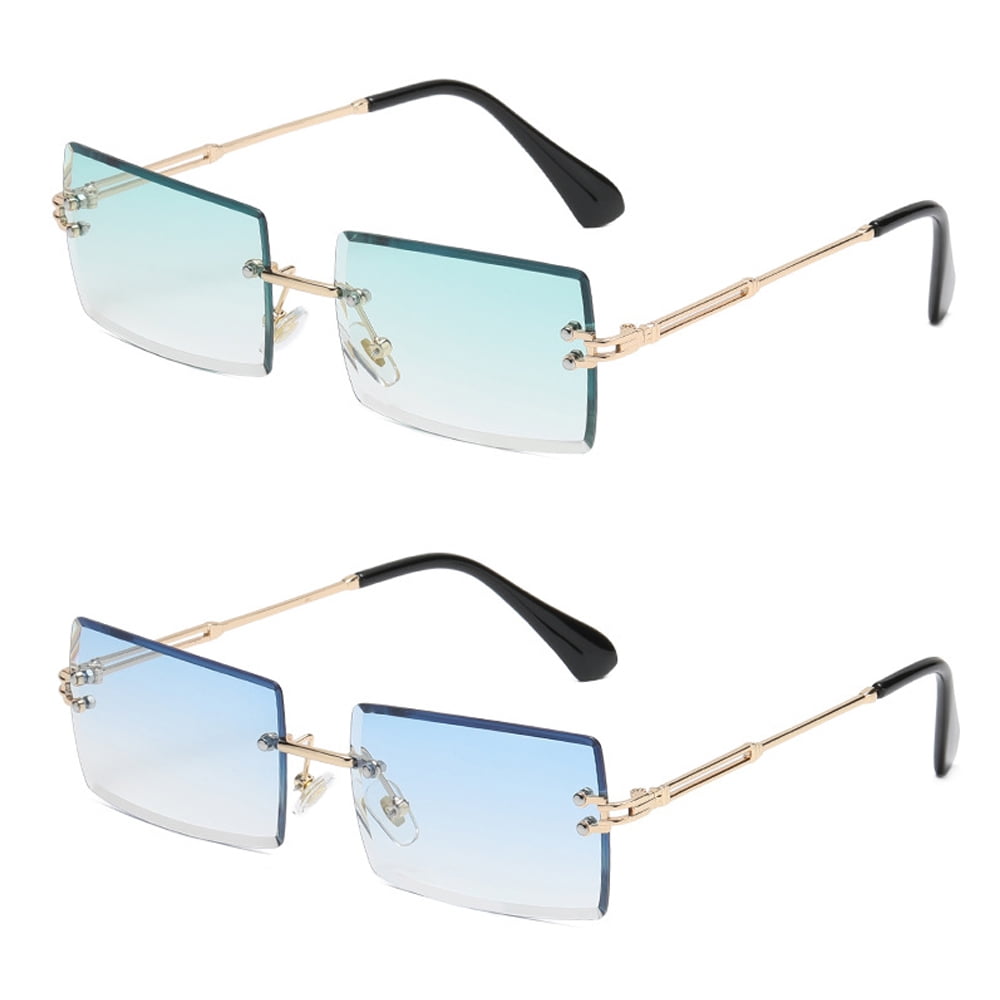 Retro Rimless Rectangle Sunglasses for Women Men Tinted Lens Gold Metal ...