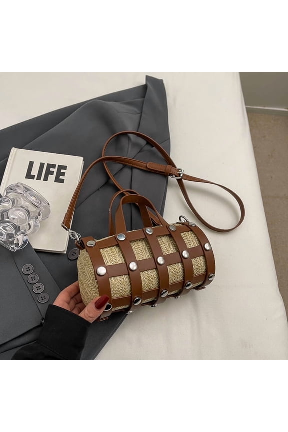 Retro Rivet Crossbody Bag For Women Boho Hollow Out Straw Bag Handbag Lady Girls Shoulder Phone Purse Small Round Bag Black