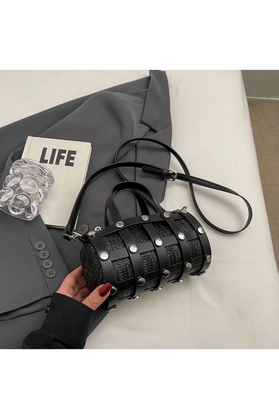 Retro Rivet Crossbody Bag For Women Boho Hollow Out Straw Bag Handbag Lady Girls Shoulder Phone Purse Small Round Bag Black