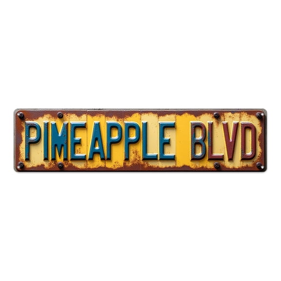 Retro Road Decor 16*4 inches "PINEAPPLE BLVD" Rustic Metal Plaque tin signs