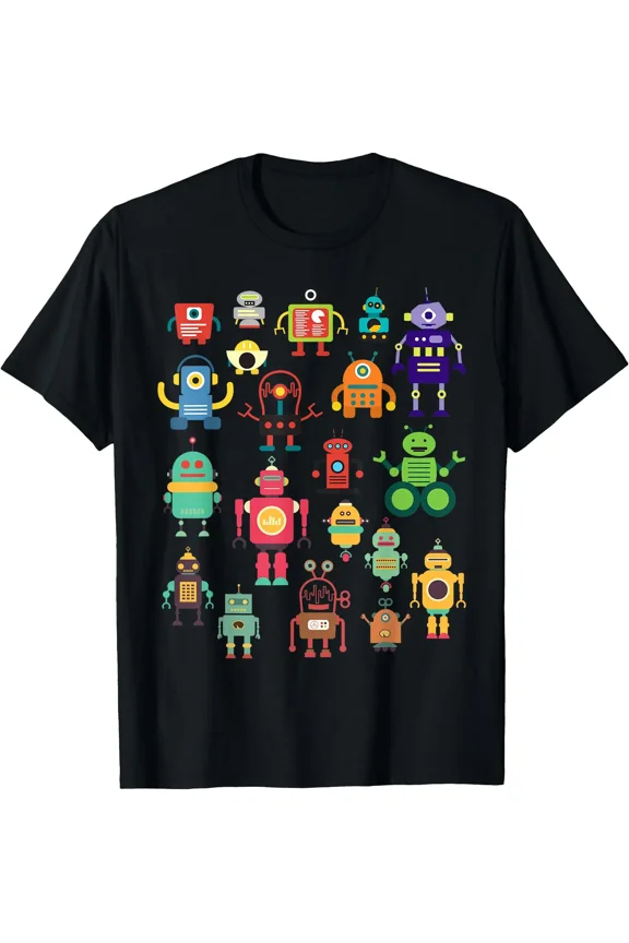 Retro Robot Crew Fun Cartoon Robot Collection Sci-Fi Toy Graphic Unisex T-Shirt, S-5XL