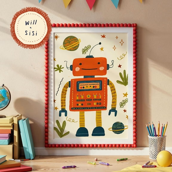 Retro Robot Nursery Print Kids Room Decor Robot Wall Art Printed & Shipped Space Bedroom Artwork Whimsical Science Poster | 25, Poster Only