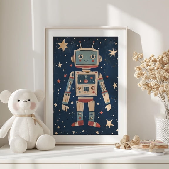 Retro Robot Print Robotic Boys Nursery Decor Colorful Playroom Science Printable Wall, Unframed Paper Poster 8x10in