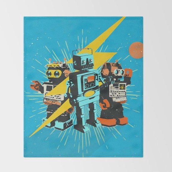 Retro Robot Trio and Lightning Bolt Turquoise Blue Fleece Blanket, Polyester, 280 GSM, Sci-Fi Style
